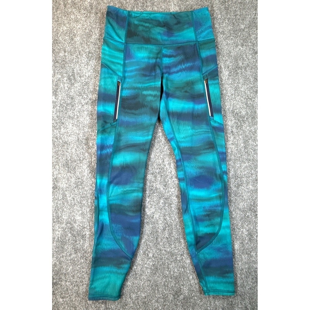 Athleta‎ Womens Small Teal Blue Abstract High Waist Zipper Pocket Leggings